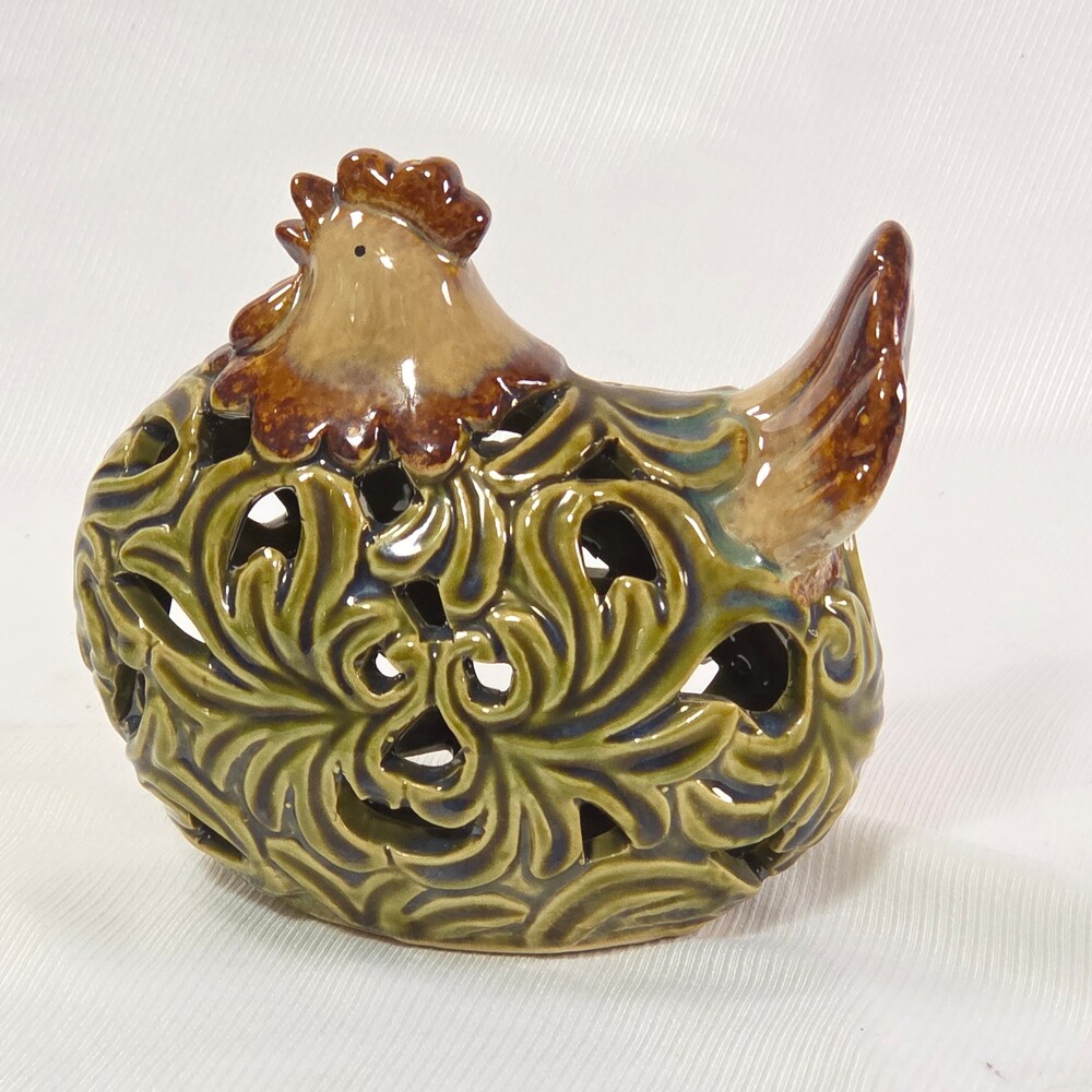 Pierced Ceramic Rooster Luminary 6in Glossy Brown Green Susan Winget Style EUC